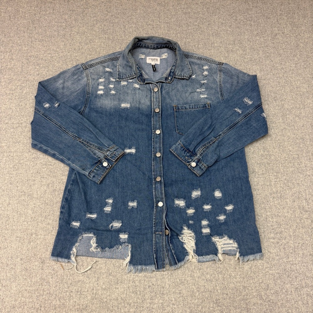 Insane Gene | Distressed Denim Shirt | M | Blue | Raw Hem Button Down Streetwear